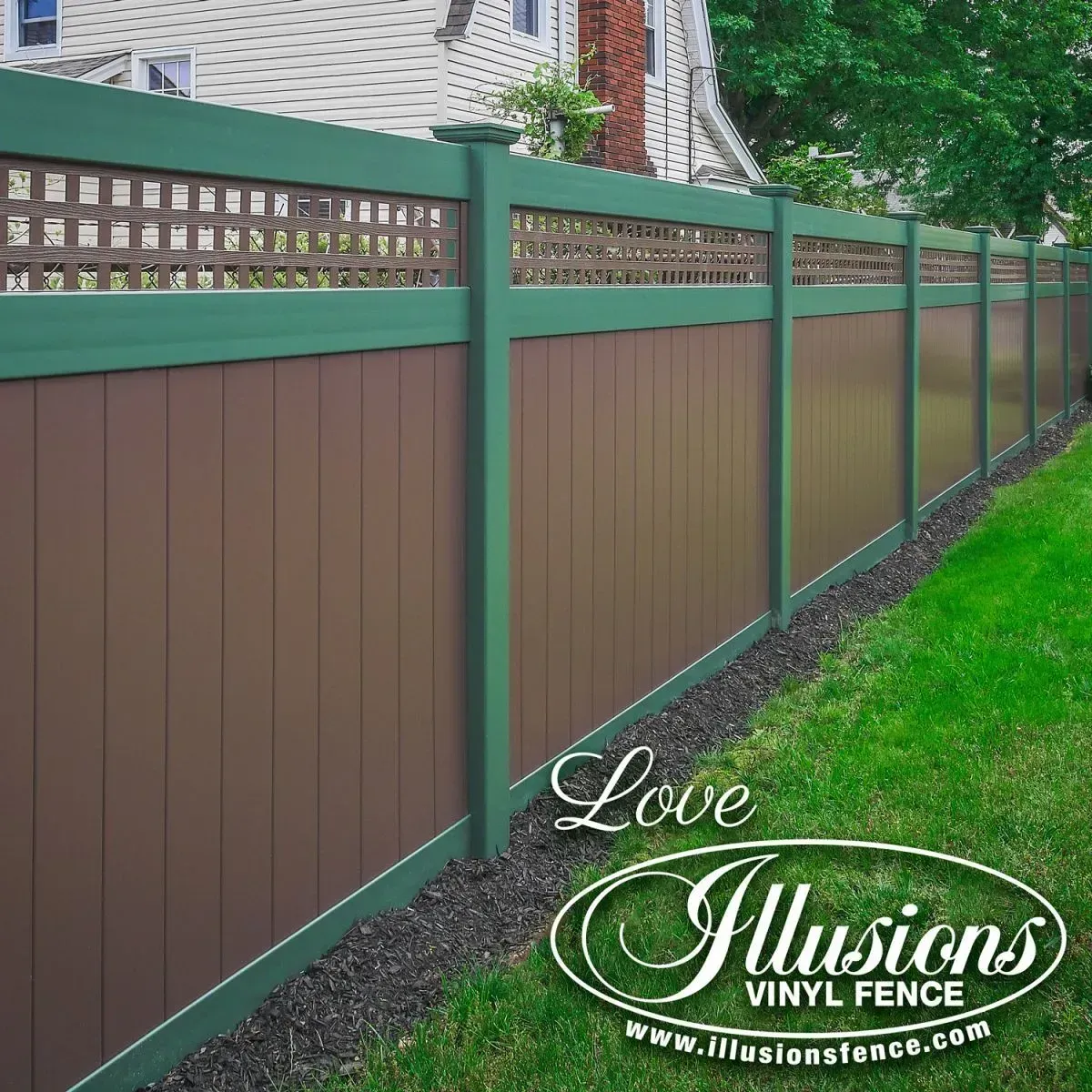 Brown and green vinyl fence in a grassy yard. Lattice detail at the top. “Illusions Vinyl Fence” logo.
