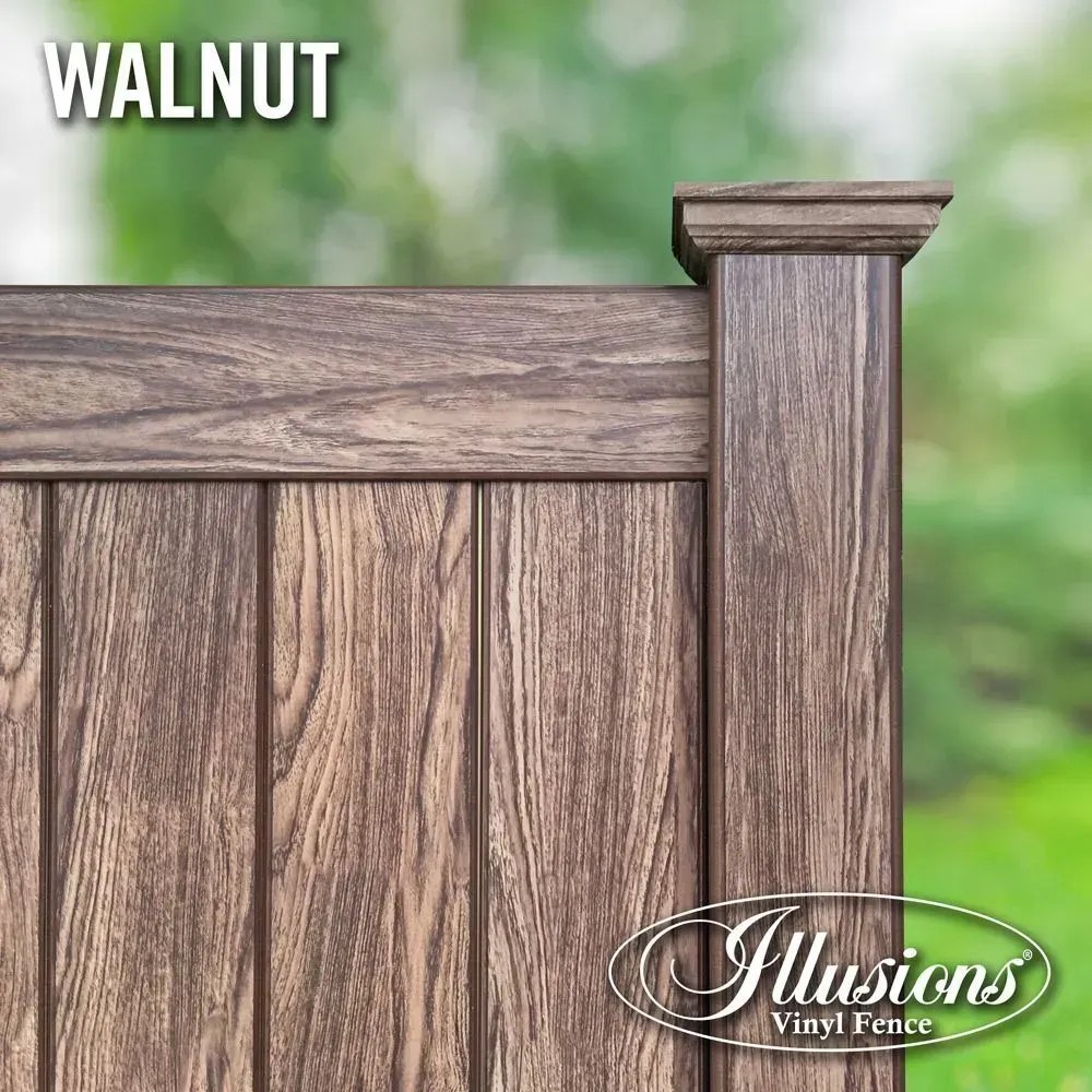 Close-up of a brown vinyl fence with a walnut wood grain pattern and a decorative post cap; the words 