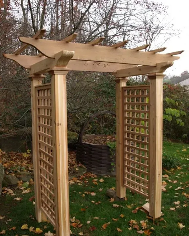 Wooden garden arch with lattice side panels.