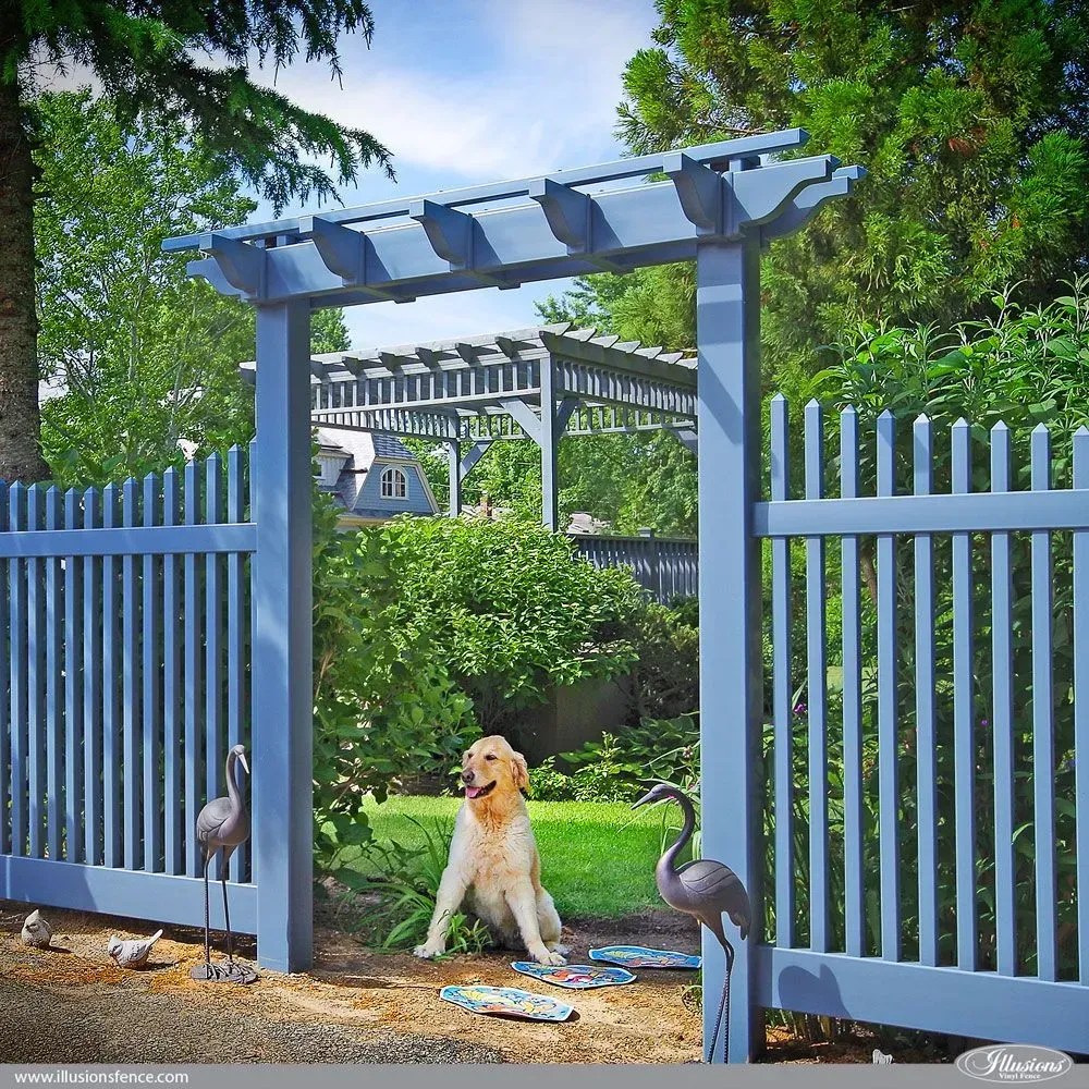 Blue picket fence with dog sitting in open gate, another arbor and greenery in background.